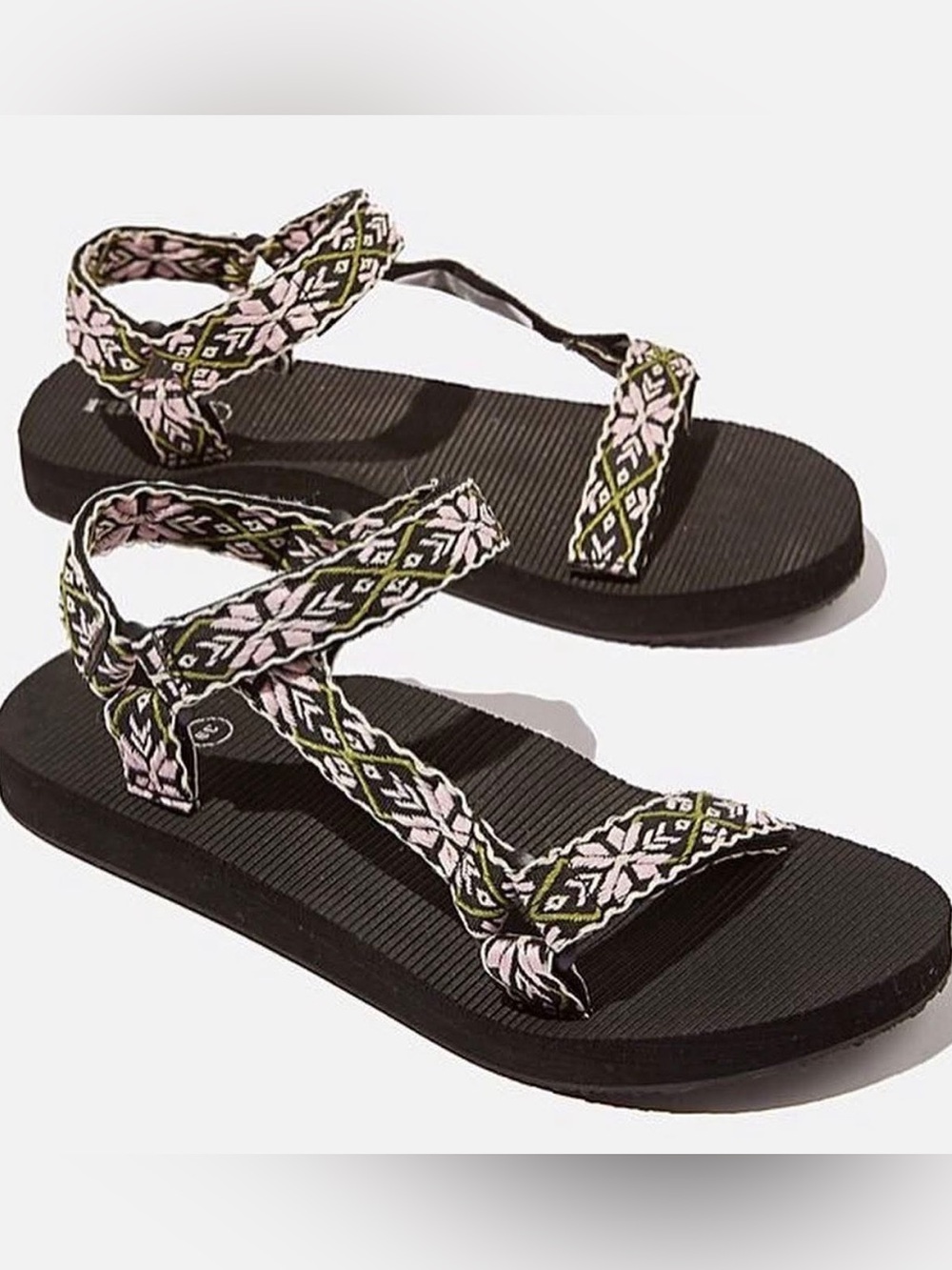 Cotton On Rubi Black Sandals Pink & Green Patterned Universal Straps Size 39
